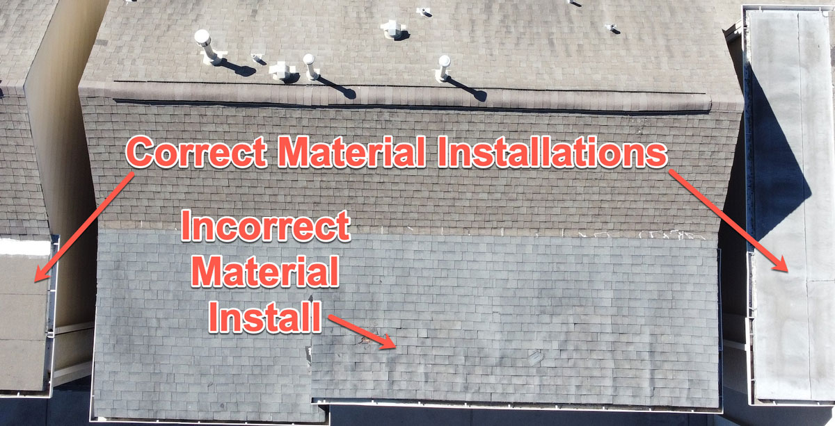Texan Inspection drone roof inspection showing damaged roof due to improper material used during construction